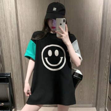 La Belleza笑臉印花袖子撞色配色長版T恤
