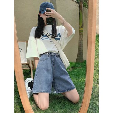 五分牛仔短褲女秋季2025年新款大碼高腰薄款寬松小個子闊腿褲中褲