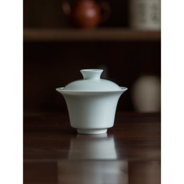 湖田窯影青二才手抓蓋碗薄胎防燙手大撇口馬蹄蓋碗功夫茶泡茶碗