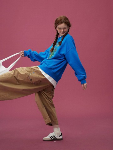 odd maker口袋花朵繡花闊腿褲女春秋季九分褲寬松直筒休閒長褲