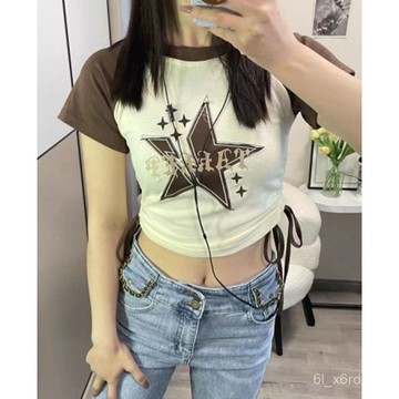 辣妹裝 短款T恤 T恤女 夏季新款 潮牌短袖 復古上衣 星星印花上衣 抽繩設計短袖 上衣女 短袖女 修身上衣