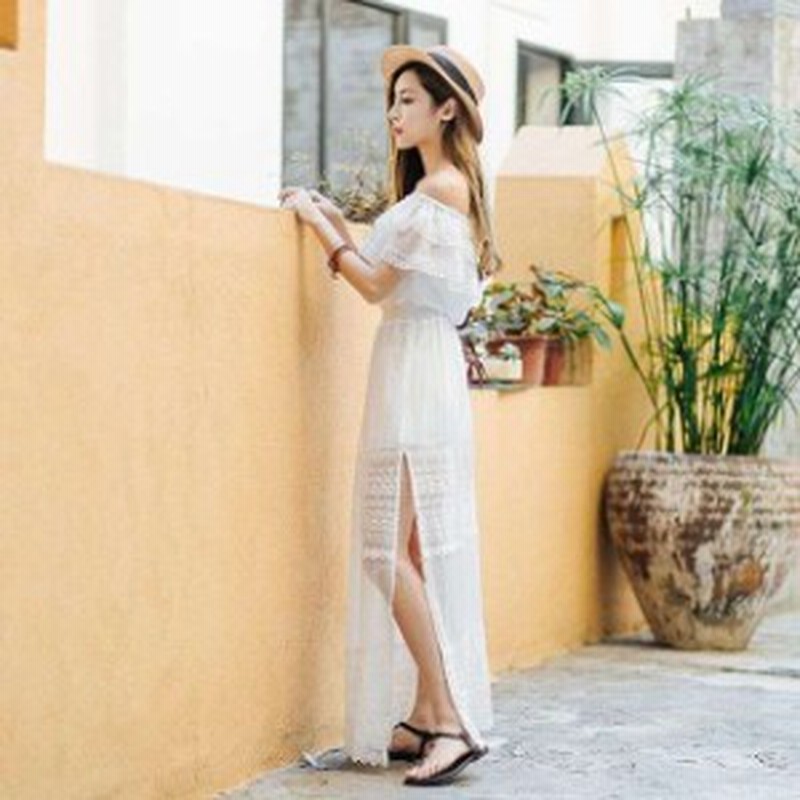 韓国 オルチャン ワンピース オフショルダー スリット レース 透け フリル マキシ丈 サマードレス ワンピース リゾート 通販 Lineポイント最大1 0 Get Lineショッピング