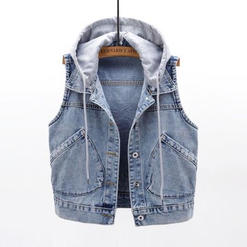 春秋季韓版百搭帶帽牛仔馬甲女短款大碼馬夾無袖背心外套坎肩上衣