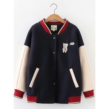 冬季毛呢加厚保暖夾克棒球服棉衣女學生百搭寬松童趣刺繡拼色外套