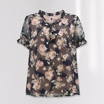 ILEY伊蕾 浪漫花卉燒花層次透視雪紡上衣(深藍色；L-XL)1232071478