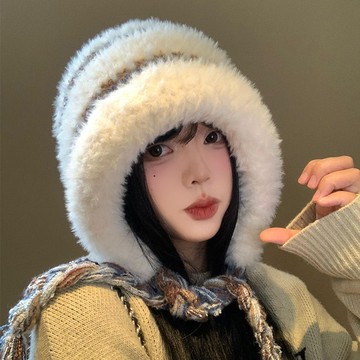 台灣出貨 條紋拼色毛絨帽女秋冬季韓版顯臉小護耳雷鋒帽保暖針織毛線帽子