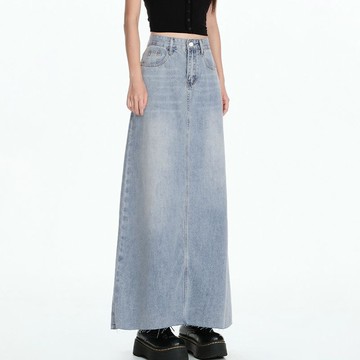 胖胖美依 A字裙 短裙 牛仔裙S-2XL原宿風個性高腰垂感牛仔裙春夏季潮流毛邊A字半身牛仔長裙-8095.