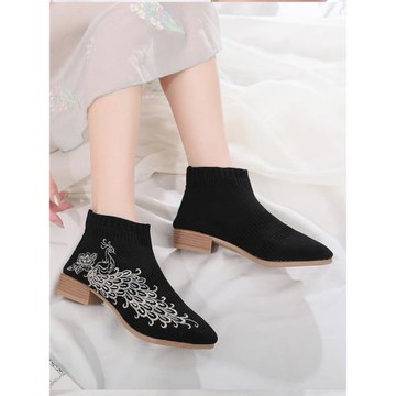 民族風刺繡針織襪靴方跟老北京布鞋短筒女單靴繡花軟底復古高幫鞋
