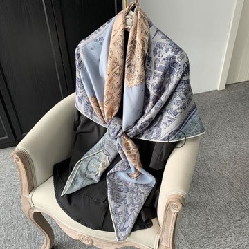 高檔駿馬之城霧霾藍秋冬季真絲羊毛絲絨大方巾圍巾披肩兩用女送禮