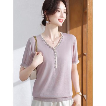 (免運)媽媽夏裝時尚短袖冰絲T恤小衫2025新款中老年女夏針織母親節上衣