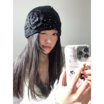 氛圍感細閃花朵百搭針織包頭帽女秋冬季顯臉小帽子可愛ins針織帽