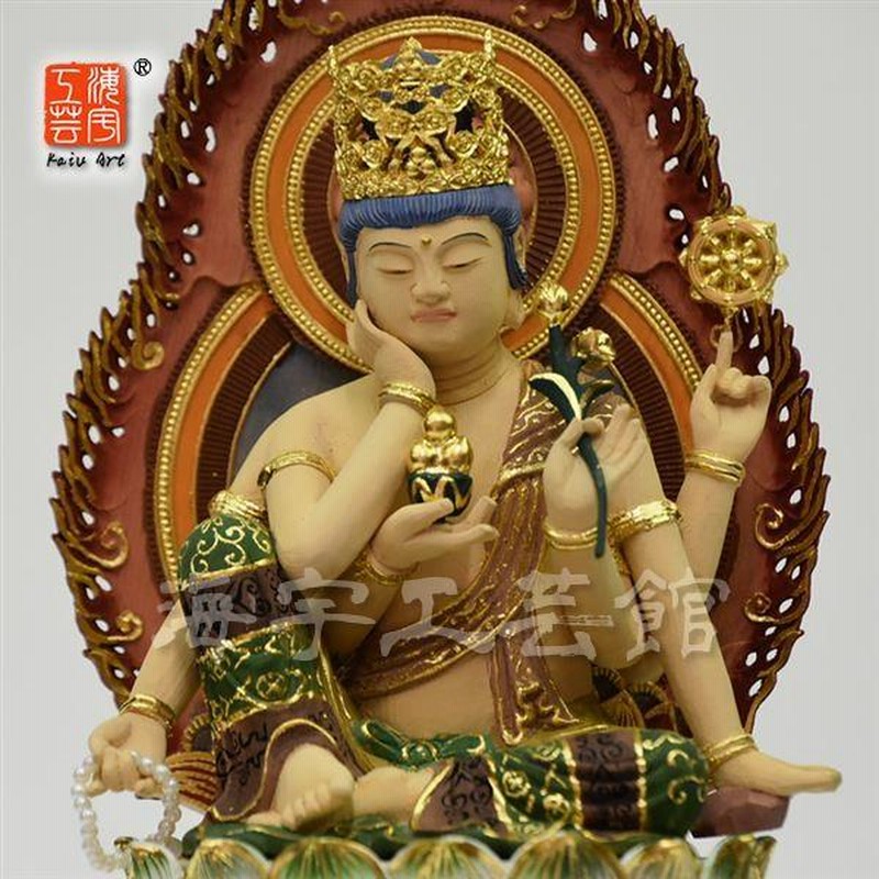 木彫り仏像 【如意輪観音菩薩】 桧木 彩色仕上げ 総高31cm | LINE 