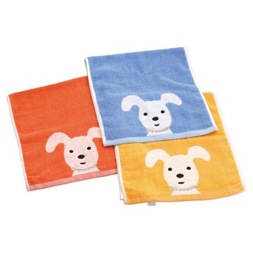 星紅織品 經典可愛小狗造型純棉洗臉巾3件組 (73x33cm) 柔軟吸水 親膚舒適  藍色 + 橘色 + 黃色  1組