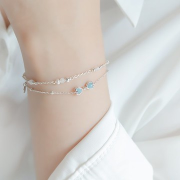 925純銀 雙心 海藍寶  蝴蝶結 客製化刻字 手鍊 免費送禮包裝