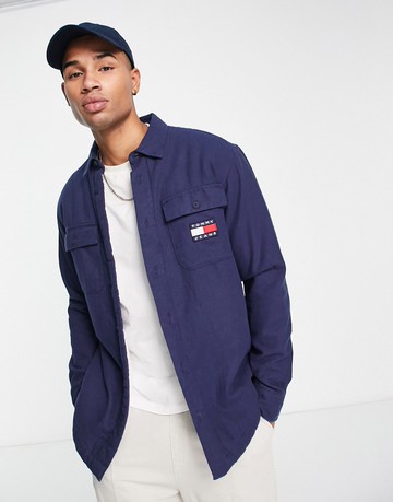 Tommy Jeans flag logo sherpa lined overshirt in navy