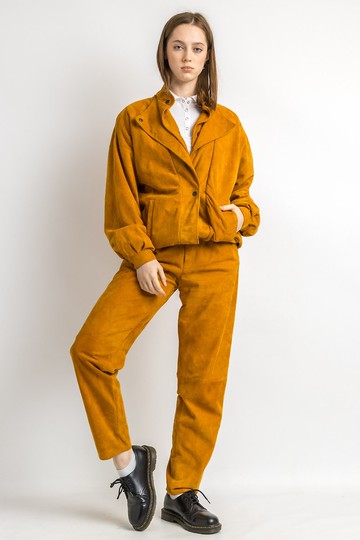 復古庫存 女仕 棕色絨面皮革兩件式套裝 5901