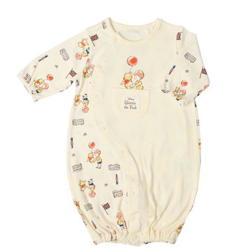 akachan honpo - 長袖連身衣-小熊維尼 有口袋-米白色 (50~60cm)