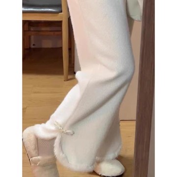 秋冬毛茸茸米白色襯褲旗袍漢服連衣裙內搭外穿軟糯百搭保暖闊腿褲