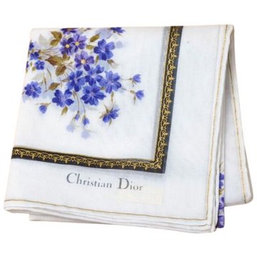 Christian DIOR 繽紛藍色花卉金蔥紋滾邊圖騰字母LOGO帕領巾(藍紫花/白色系/48CM)