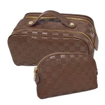 西格傢飾 ins風大容量雙拉鍊萬用子母化妝包  上寬24cm、下寬26cm、高度14cm、厚度15cm  經典棕