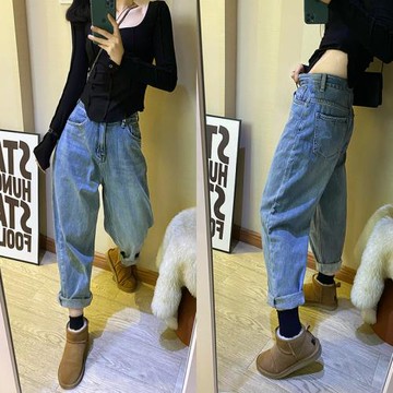 歐貨2025春秋新款淺藍色牛仔老爹垮褲女高腰寬松闊腿哈倫褲潮九分