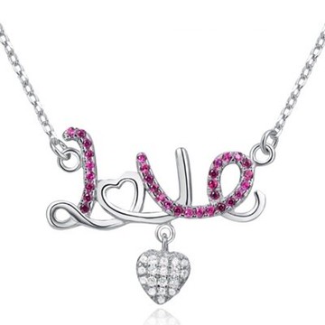 925純銀項鍊 鑲鑽吊墜-時尚潮流LOVE字型母親節情人節生日禮物女飾品73fy107【獨家進口】【米蘭精品】
