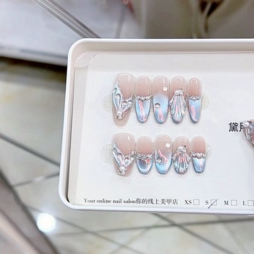 💖店鋪熱銷💖純手工捏製工藝新款極光魚尾鋯石極光手繪魚尾貓眼美甲貼片 純手工穿戴甲 穿戴貼片
