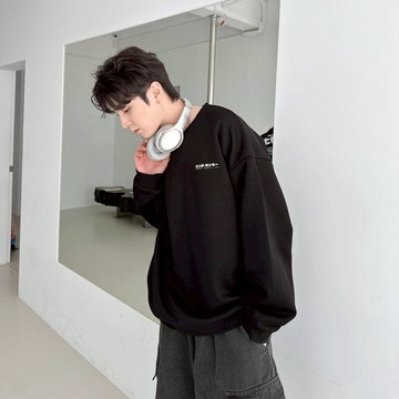 WP| 韓國厚款純棉複合布   (日文檔車印花) 大學T 情侶衣 寬鬆日常大學T  白/黑/霧藍 80710