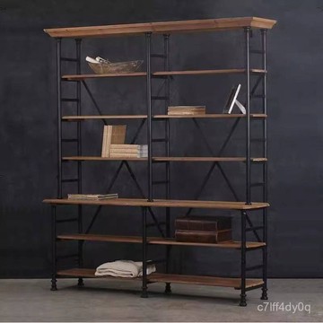 免運 可開統編 美式複古鐵藝書架 實木書櫃置物架 落地多層辦公客廳展示櫃陳列架