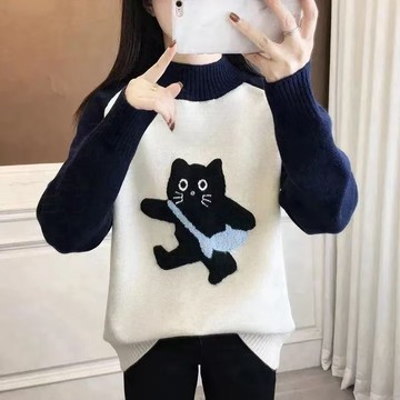 愛依依 針織衫 毛線衣 針織上衣 保暖 新款卡通新款貓咪高領加厚毛衣少女可愛洋氣打底針織衫毛衣-11856.