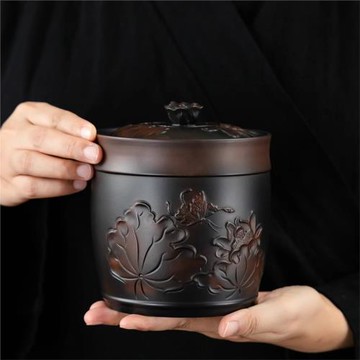 紫陶茶葉罐密封罐陶瓷紫砂大中號荷花醒茶罐普洱儲存罐防潮家建水