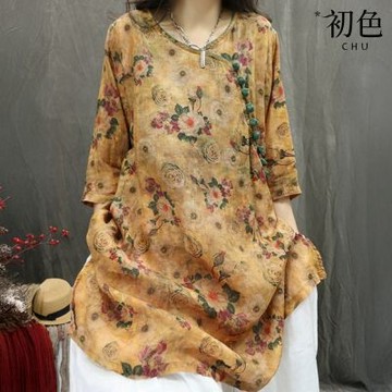 初色 新中式七分袖圓領拼色印花中長款改良旗袍上衣女上衣-花色-14029(M-2XL可選)