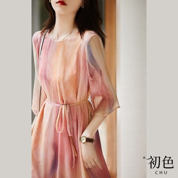初色 繫帶收腰顯瘦圓領暈染不規則下擺七分袖清涼感連身中長裙洋裝-粉紅色-68785(M-XL可選)