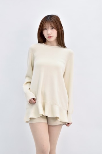 (M) opaque clip質感針織裙邊杏色長袖上衣