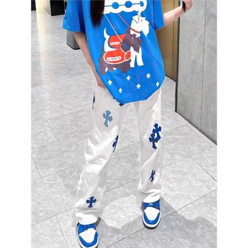 歐美高街vibe風白色繡皮十字架牛仔男女潮牌休閑百搭顯瘦小眾褲子