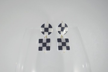 黑白棋盤格 圓與方 幾何耳釘耳飾
