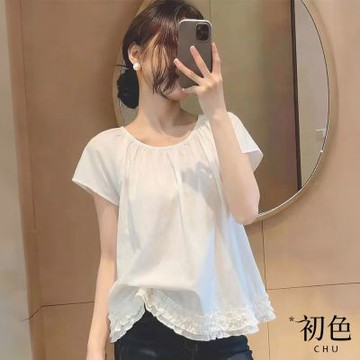 初色 韓版純色木耳邊拼接圓領短袖落肩袖襯衫上衣女上衣-共3色-19658(M-2XL可選)