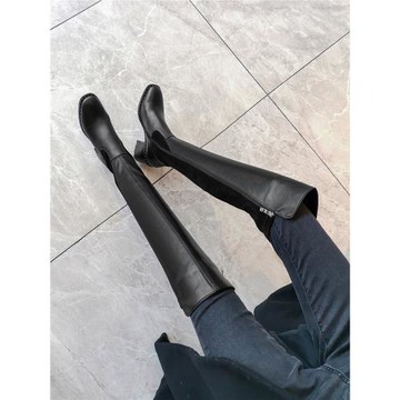 2025秋冬新款鞋子女長筒靴女靴單靴瘦腿鉚釘馬靴粗跟過膝彈力布靴