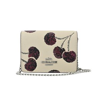 COACH仿刺繡櫻桃皮雕亮粉燙印白堊色皮革鍊帶頸掛斜背方型卡夾零錢小廢包