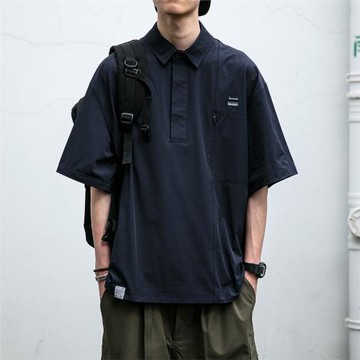 日系潮牌polo衫男短袖夏季薄款速干透氣翻領t恤寬松套頭工裝襯衫