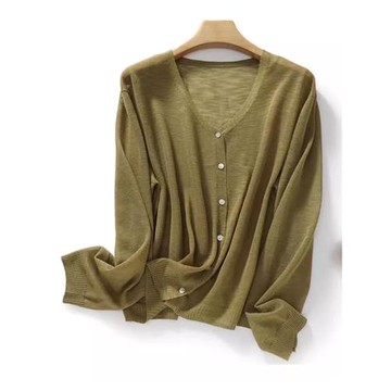 竹節麻針織衫女V領開衫短款超薄微透外搭罩衫寬松遮肉夏季防曬衫