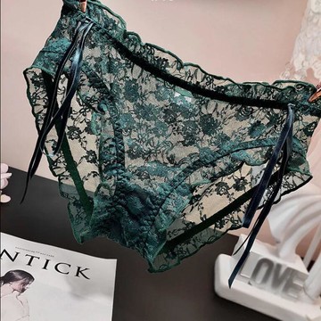 日系可愛透明性感蕾絲內褲女絲帶低腰誘惑透氣三角褲少女純棉底襠【步行者戶外生活館】P