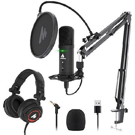 MAONO USB Podcast Microphone with Headphone Set, Zero-Latency Monitoring Computer Condenser PC Mic 192KHZ 24Bit with Mute Button for Recording, Voice