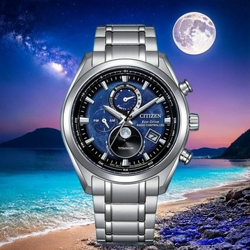 CITIZEN 星辰 Eco-Drive 超級鈦金屬 月相光動能電波萬年曆手錶 開學購物季 送禮首選 BY1010-81L