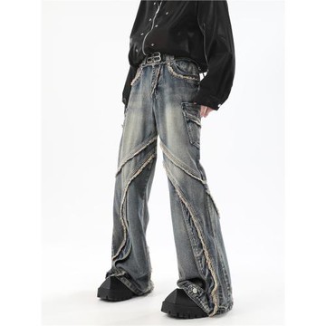 美式小眾復古破壞拼接牛仔褲男做舊水洗毛邊阿美咔嘰寬松闊腳長褲