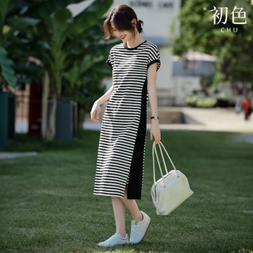 初色 條紋拼接顯瘦圓領短袖連衣裙連身洋裝長洋裝-黑白色-36088(M-2XL可選)