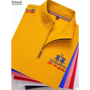 秋冬男裝立領半拉鏈長袖T恤高檔刺繡Polo衫潮中高領上衣T豎領體恤