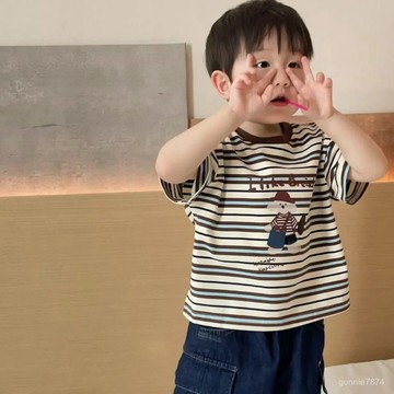 【熱賣推薦】夏季新款卡通洋氣男女中小兒童寶寶可愛撞色拚接條紋短袖T恤上衣短袖 上衣 韓版T恤 夏季半袖男女童打底衫