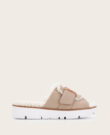 Gentle Souls | Lavern Leather Sherpa Platform Cozy Slide in Mushroom, Size: 5.5 by Kenneth Cole