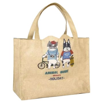 kUSUgURU JAPAN 日本眼鏡貓 Animal Mode款 防水覆膜材質萬用包 手提包  米黃色  30 x 12 x 22cm 提把36cm